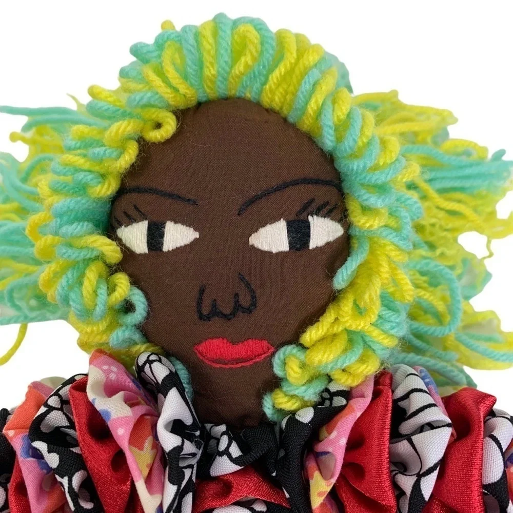 Handmade Black Fabric YoYo Yarn Haired Folk Art Doll Size 9”X11”  New Condition